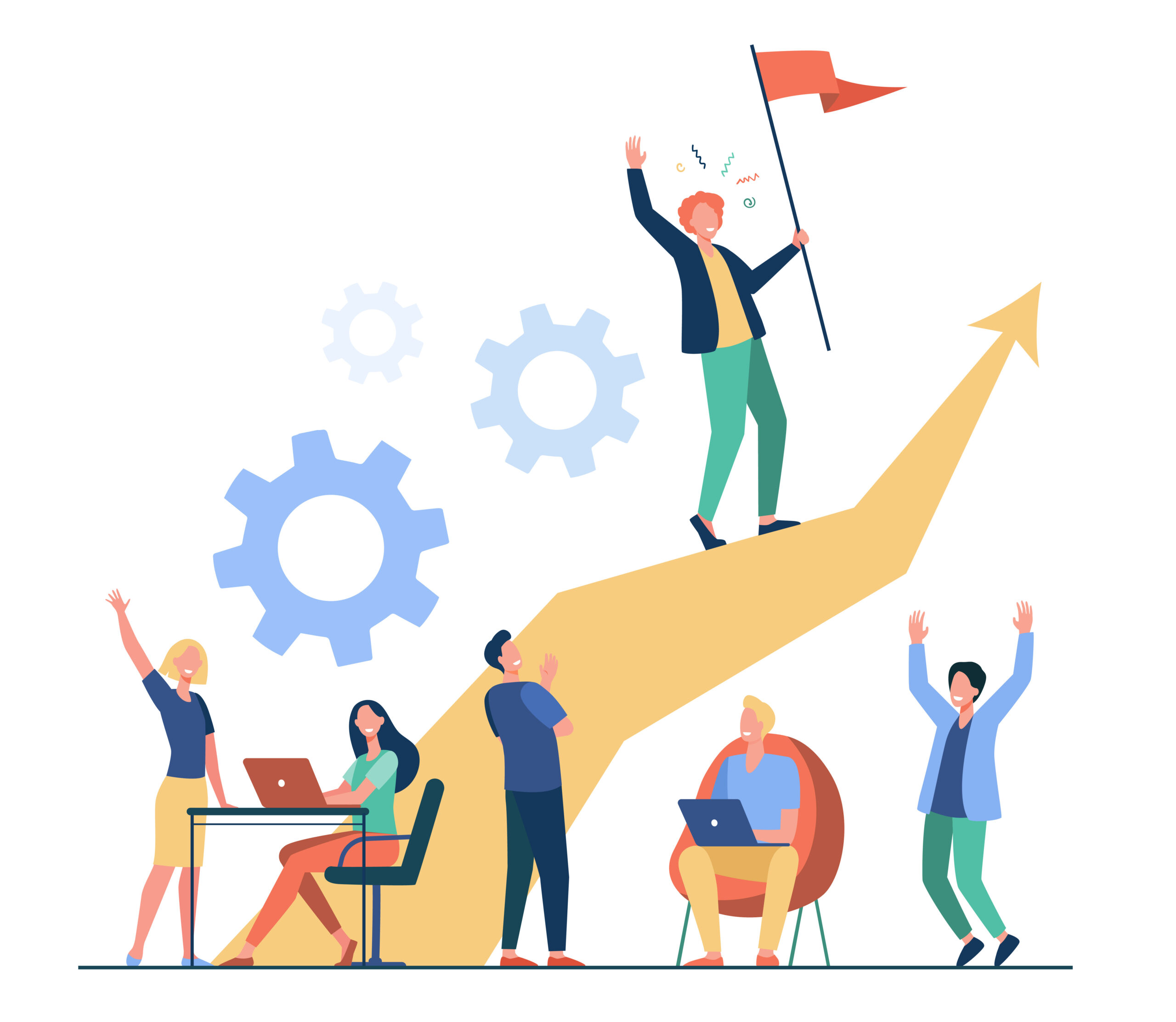 Business leader standing on arrow and holding flag Business leader standing on arrow and holding flag flat vector illustration. Cartoon people training and doing business plan. Leadership, victory and challenge concept